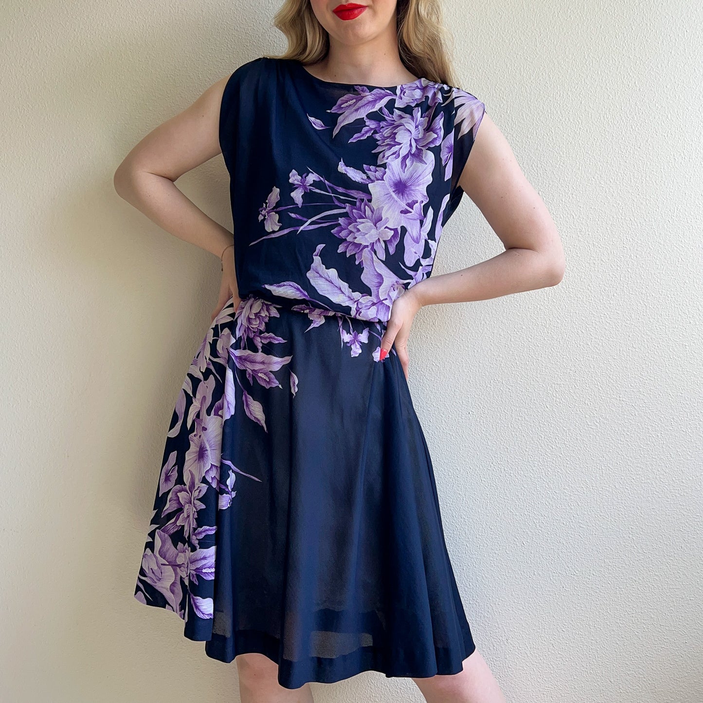 1970s Navy Summer Dress With Purple Floral Print (M/L)
