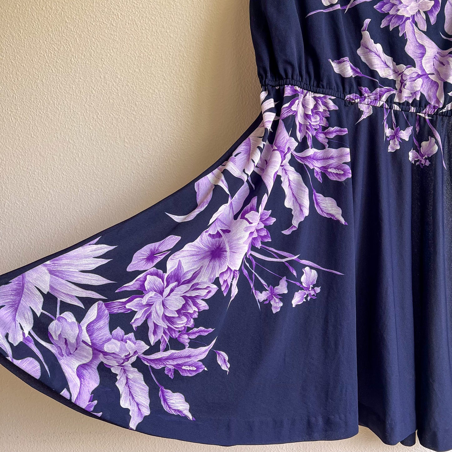1970s Navy Summer Dress With Purple Floral Print (M/L)