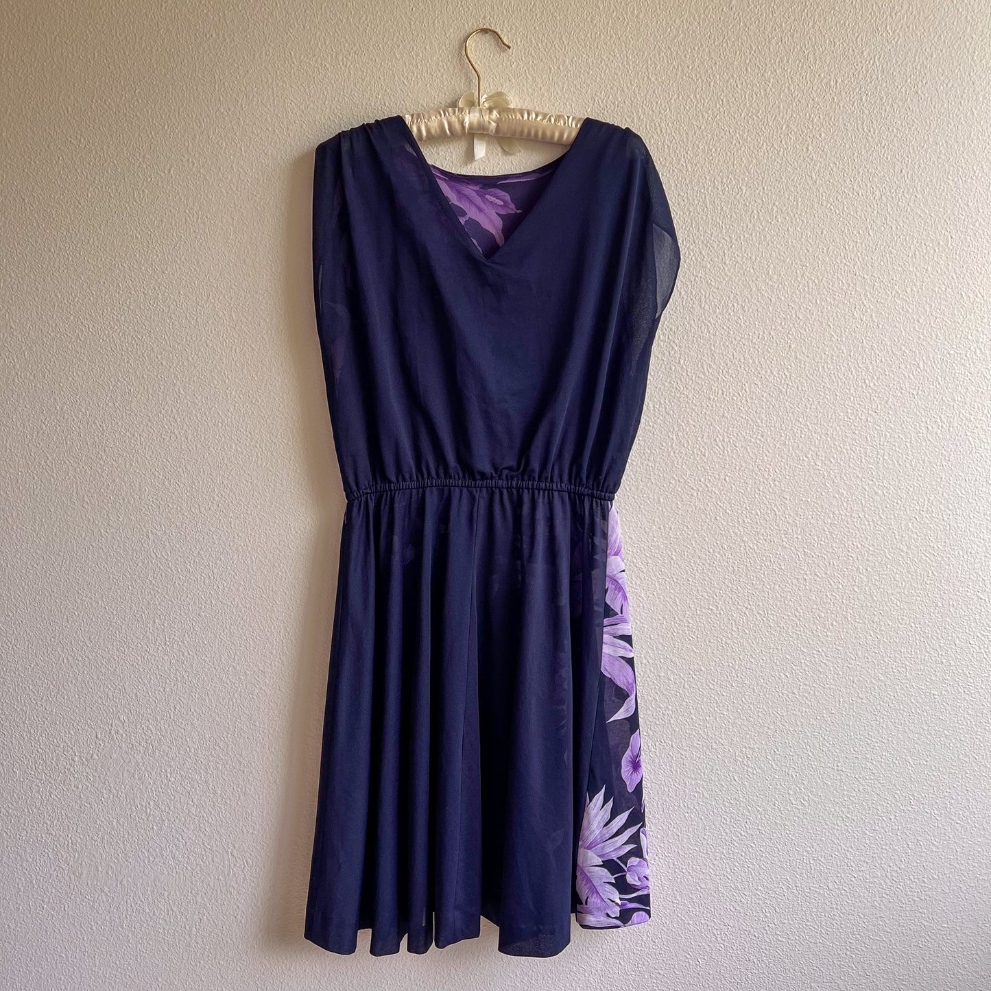 1970s Navy Summer Dress With Purple Floral Print (M/L)