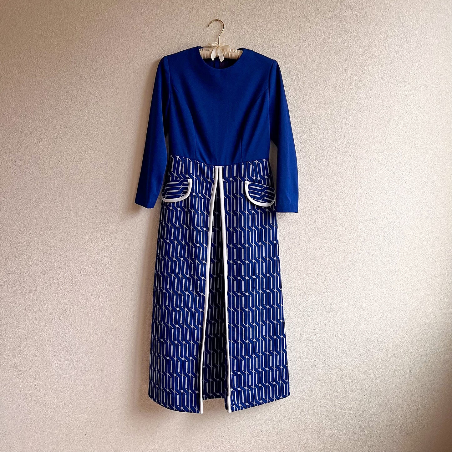 1970s Navy and White Long Sleeve Maxi Dress (M)