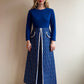 1970s Navy and White Long Sleeve Maxi Dress (M)