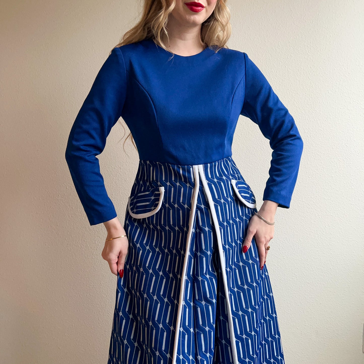 1970s Navy and White Long Sleeve Maxi Dress (M)