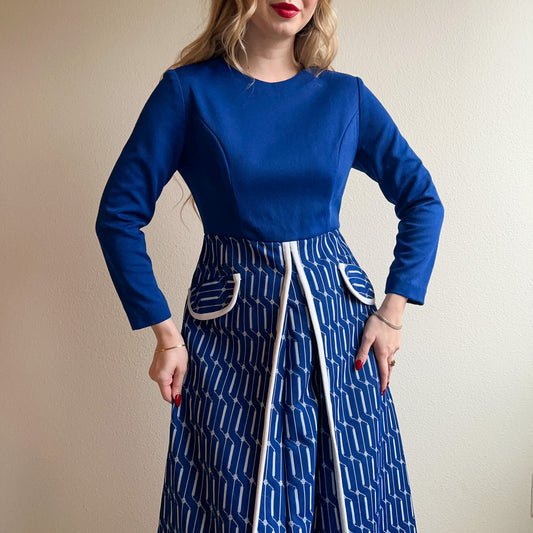 1970s Navy and White Long Sleeve Maxi Dress (M)