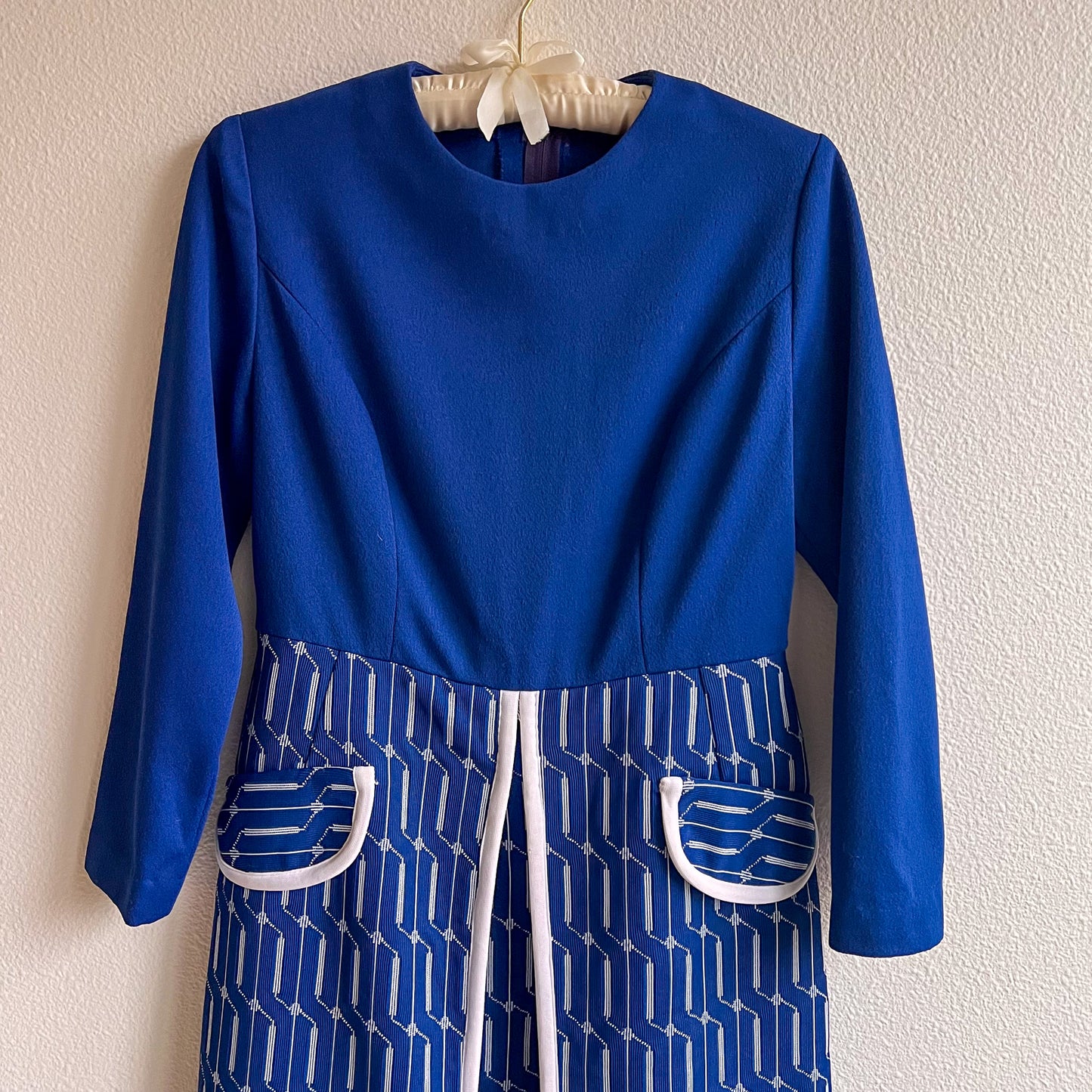 1970s Navy and White Long Sleeve Maxi Dress (M)