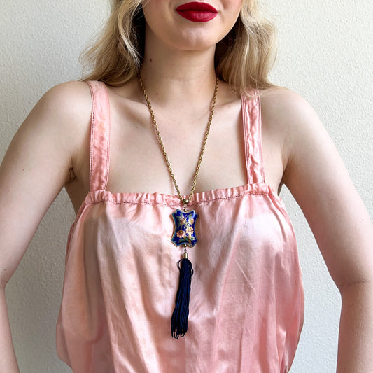 1970s Gold Necklace With Blue Pendant and Tassel