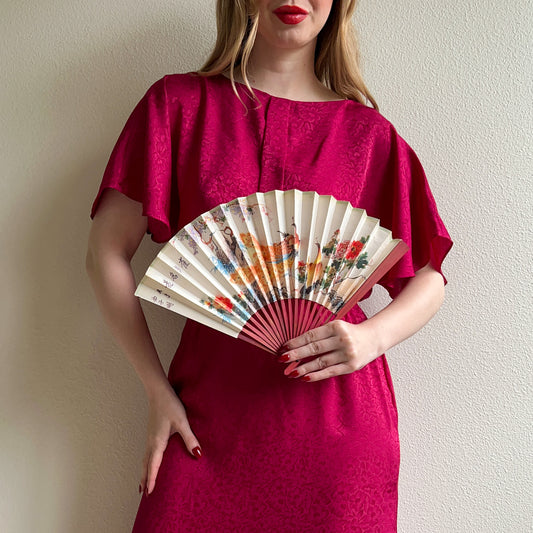 1970s Peacocks Folding Fan With Cherry Wood
