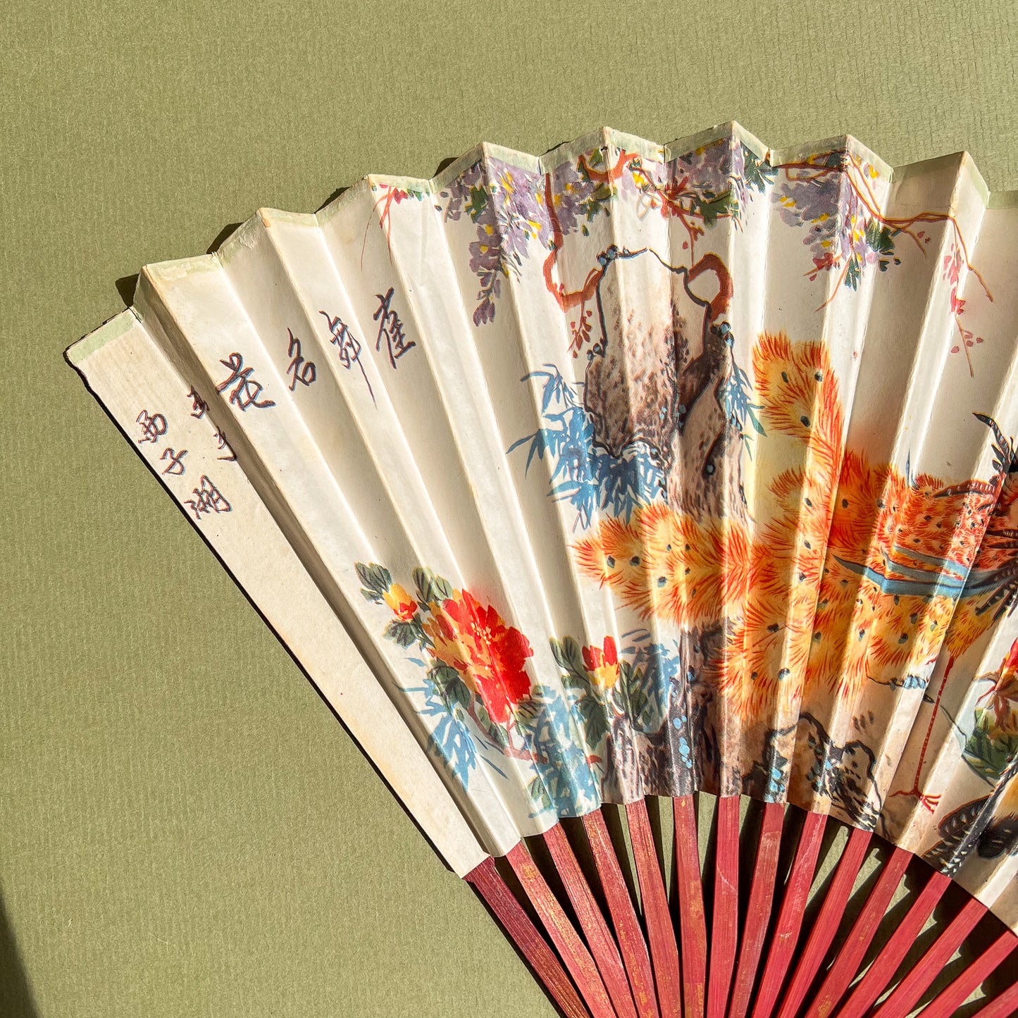 1970s Peacocks Folding Fan With Cherry Wood