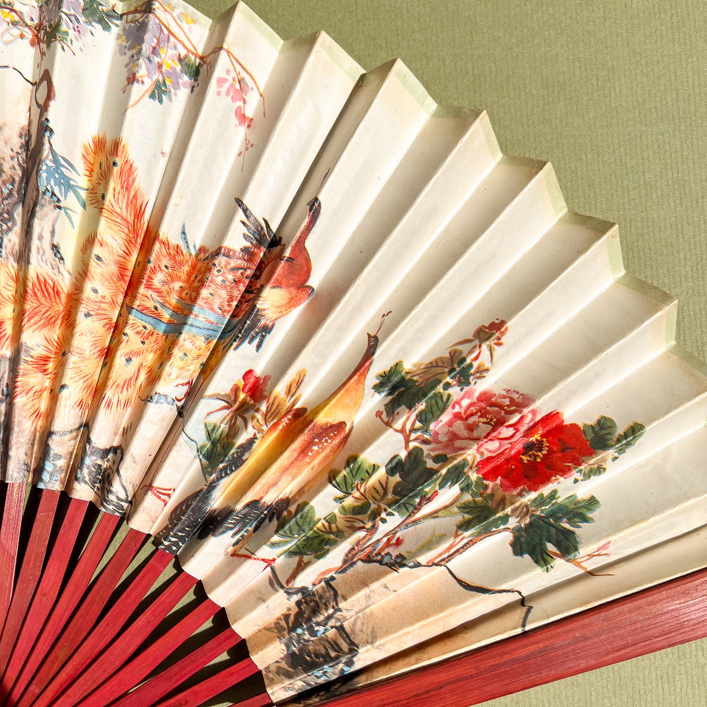 1970s Peacocks Folding Fan With Cherry Wood