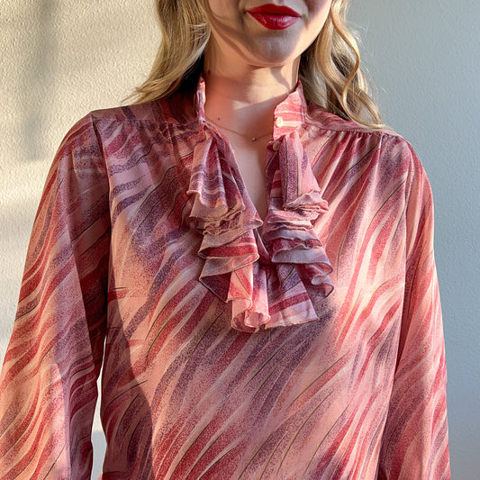 1970s Pink Pattern Blouse With Ruffles (M/L)