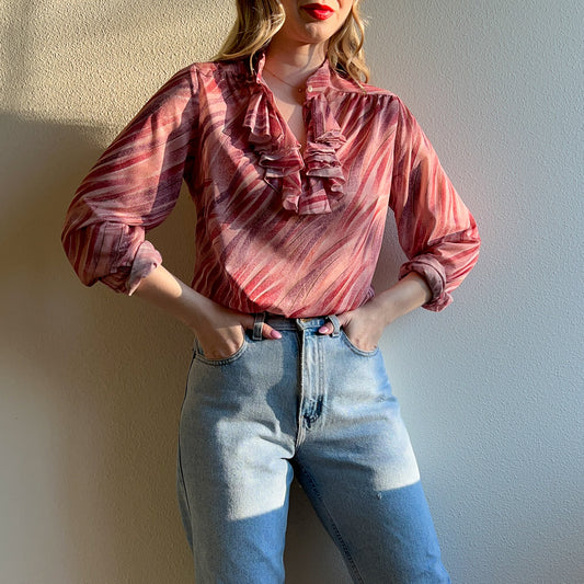 1970s Pink Pattern Blouse With Ruffles (M/L)