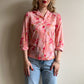 1970s Pink Button-Down Blouse With Floral Pattern (S/M)