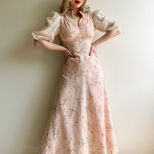 1970s Pink Floral Cotton Midi Dress With White Overlay (XS)