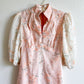 1970s Pink Floral Cotton Midi Dress With White Overlay (XS)