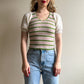 1970s Green and Pink Striped Sweater With Puff Sleeves (XS/S)