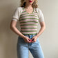 1970s Green and Pink Striped Sweater With Puff Sleeves (XS/S)