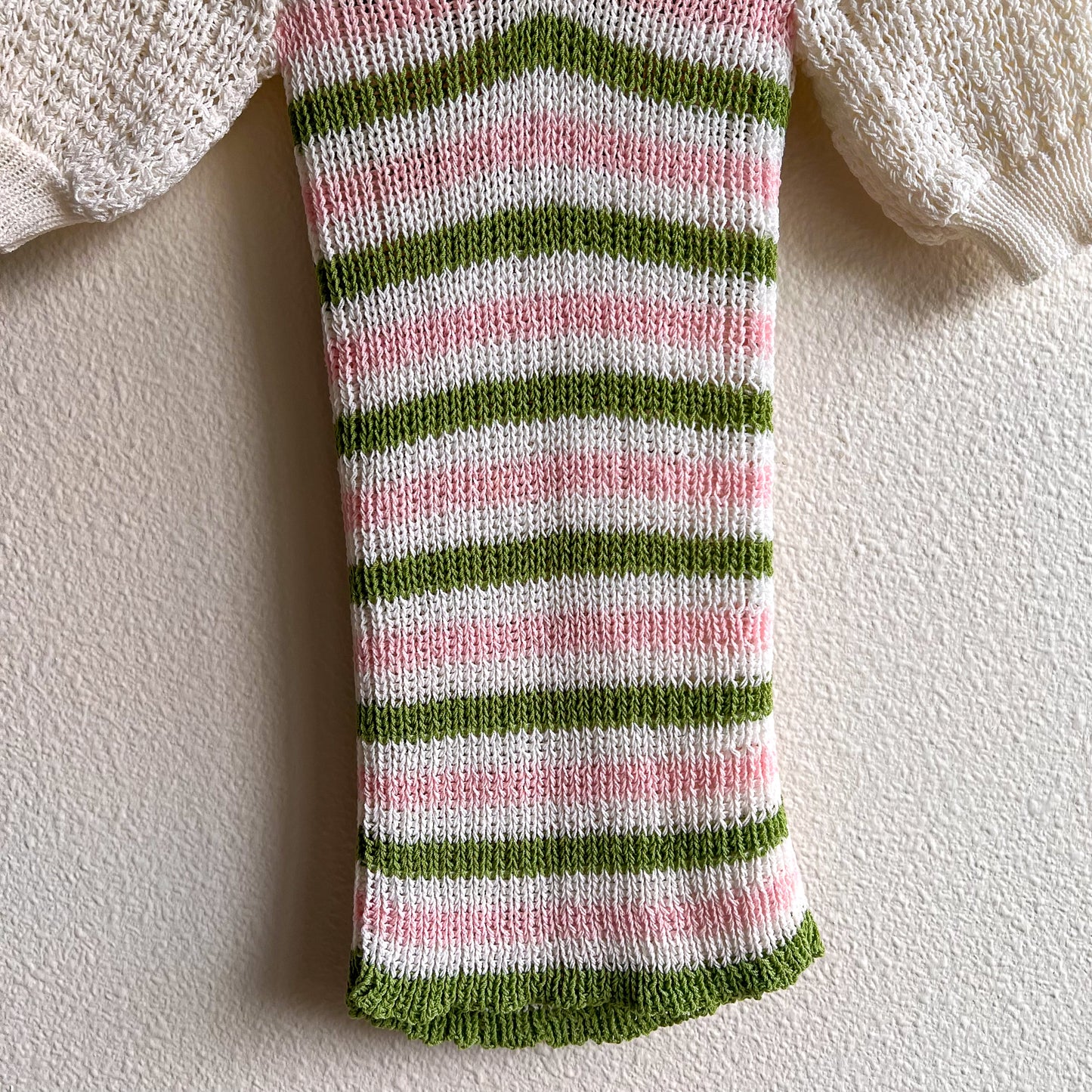 1970s Green and Pink Striped Sweater With Puff Sleeves (XS/S)