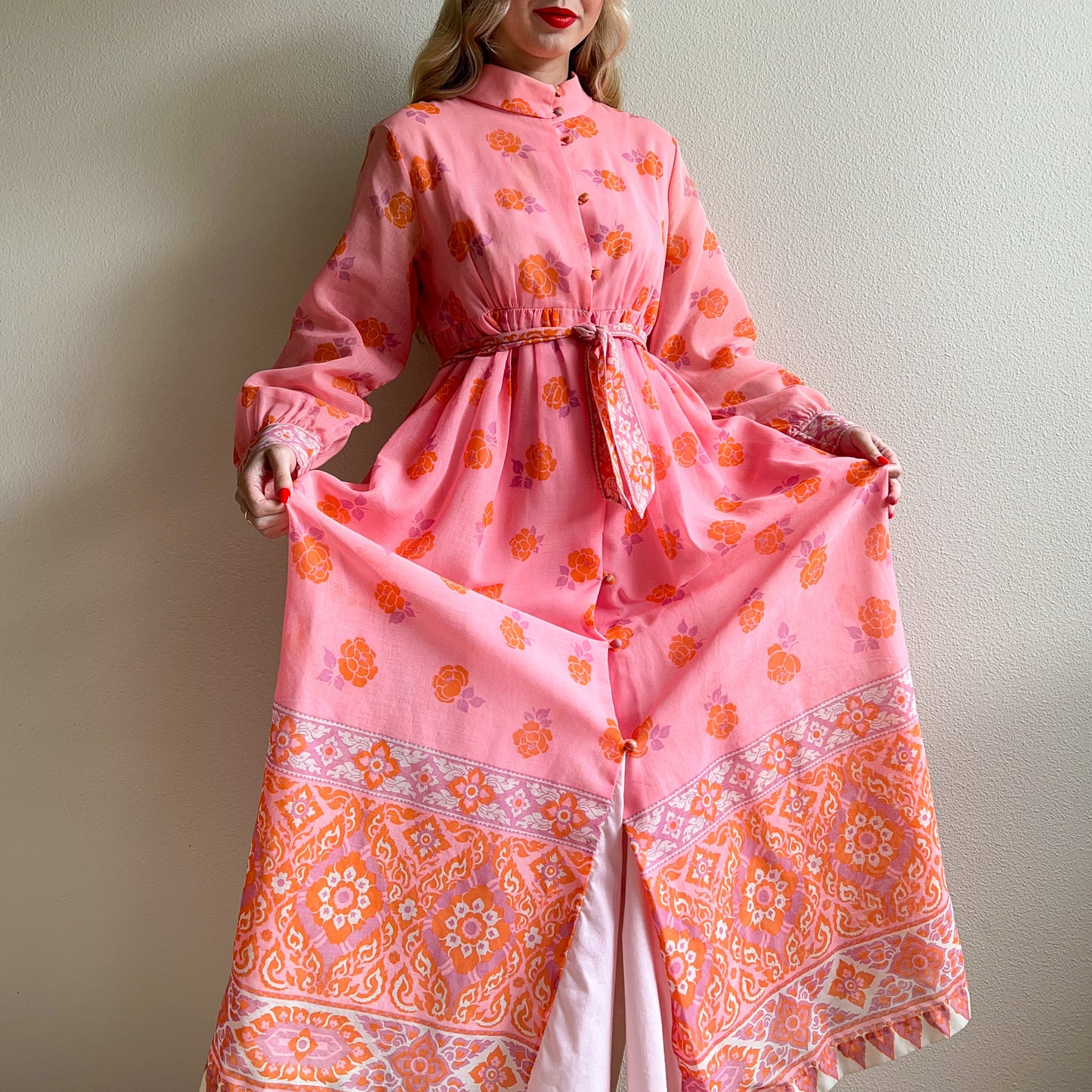 1970s Pink and Orange Bohemian Print Cotton Maxi Dress (M/L)