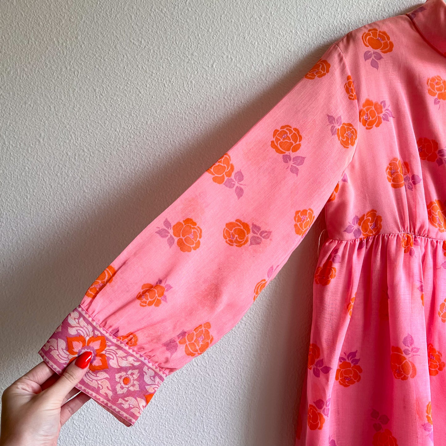 1970s Pink and Orange Bohemian Print Cotton Maxi Dress (M/L)