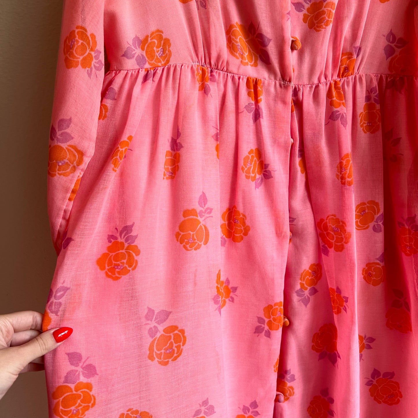 1970s Pink and Orange Bohemian Print Cotton Maxi Dress (M/L)