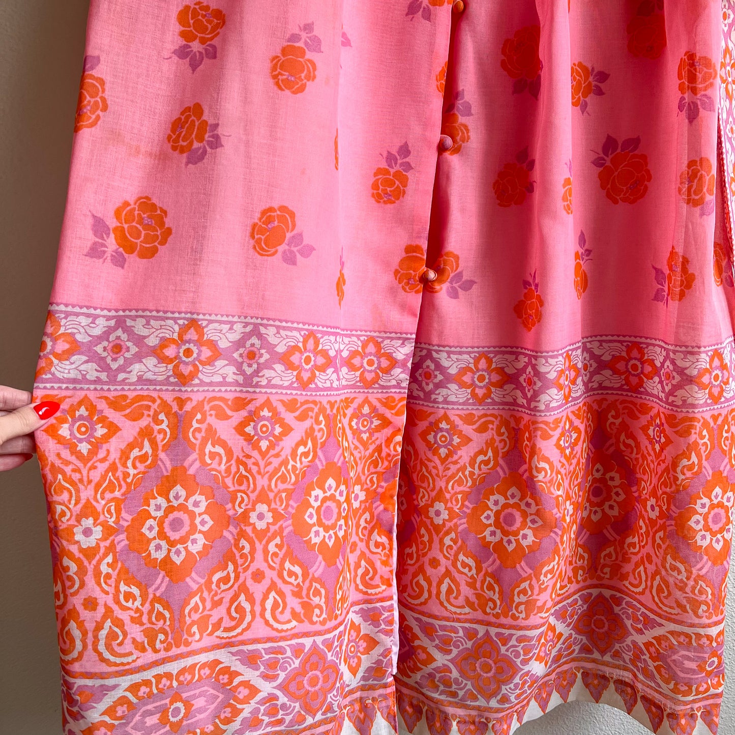 1970s Pink and Orange Bohemian Print Cotton Maxi Dress (M/L)