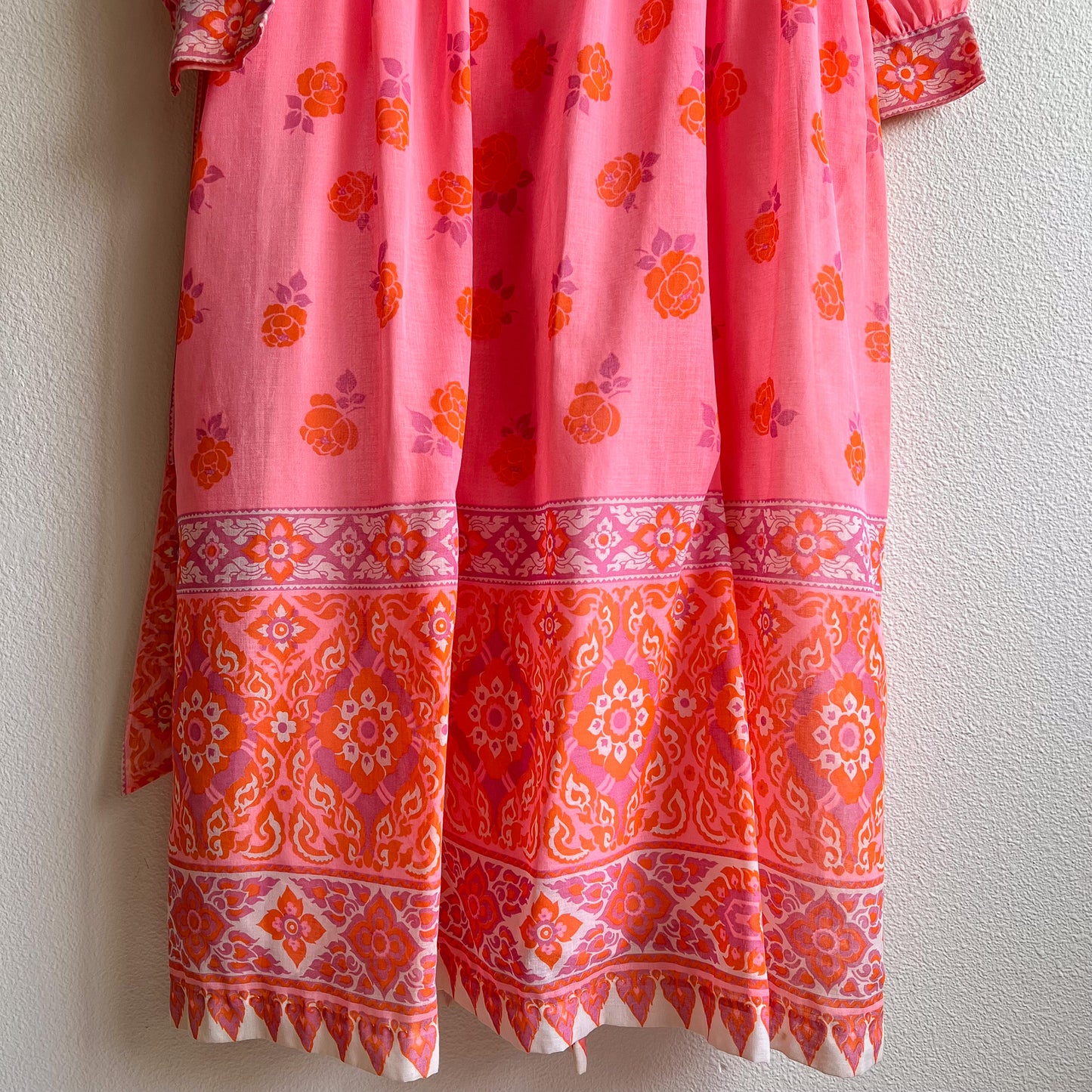 1970s Pink and Orange Bohemian Print Cotton Maxi Dress (M/L)