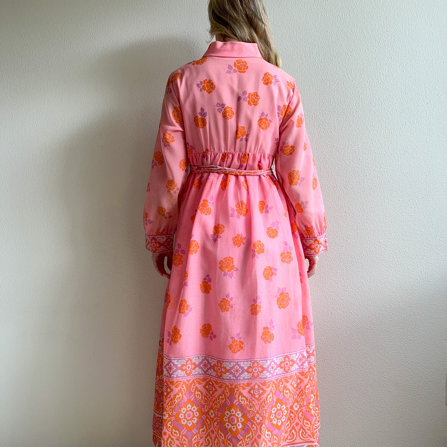 1970s Pink and Orange Bohemian Print Cotton Maxi Dress (M/L)