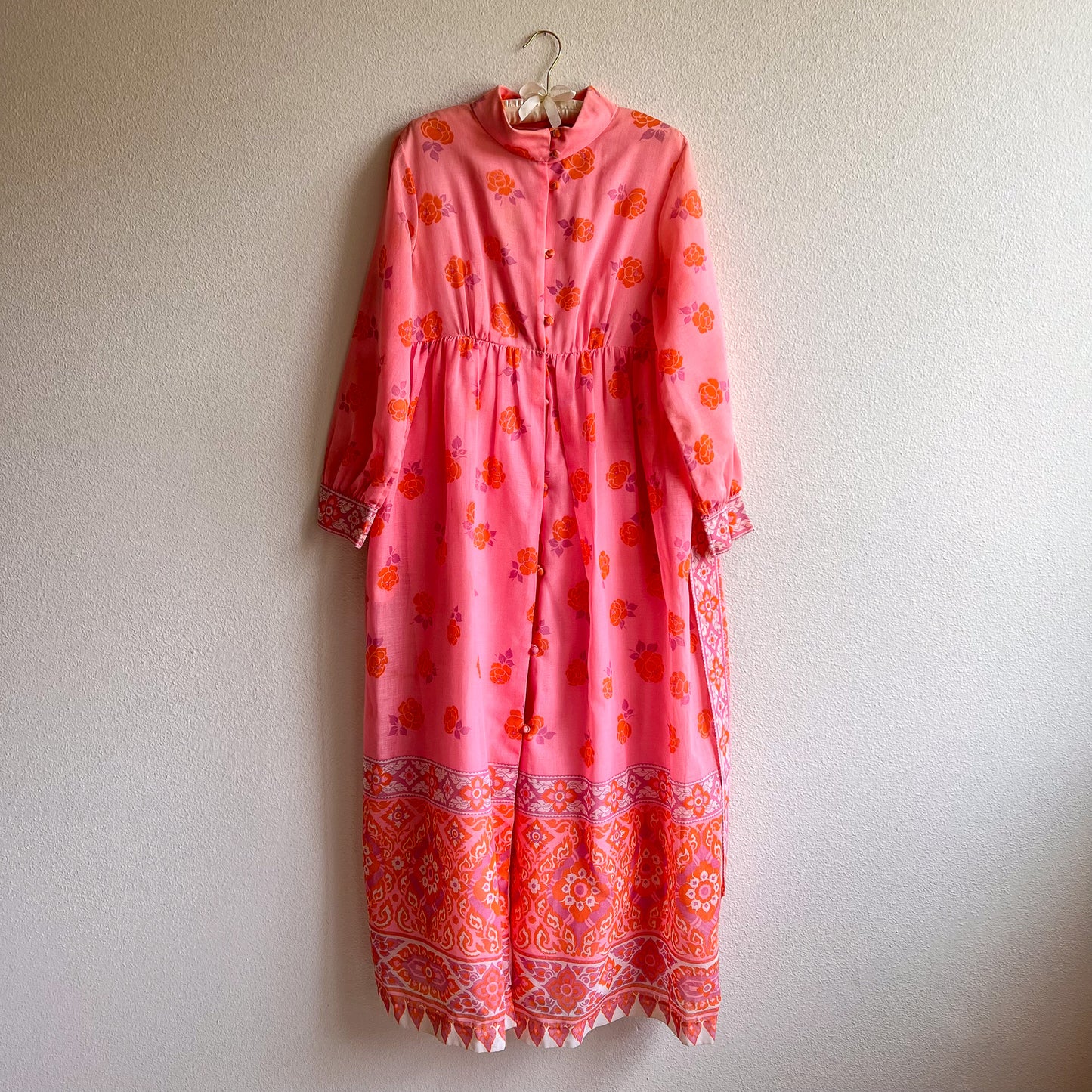 1970s Pink and Orange Bohemian Print Cotton Maxi Dress (M/L)