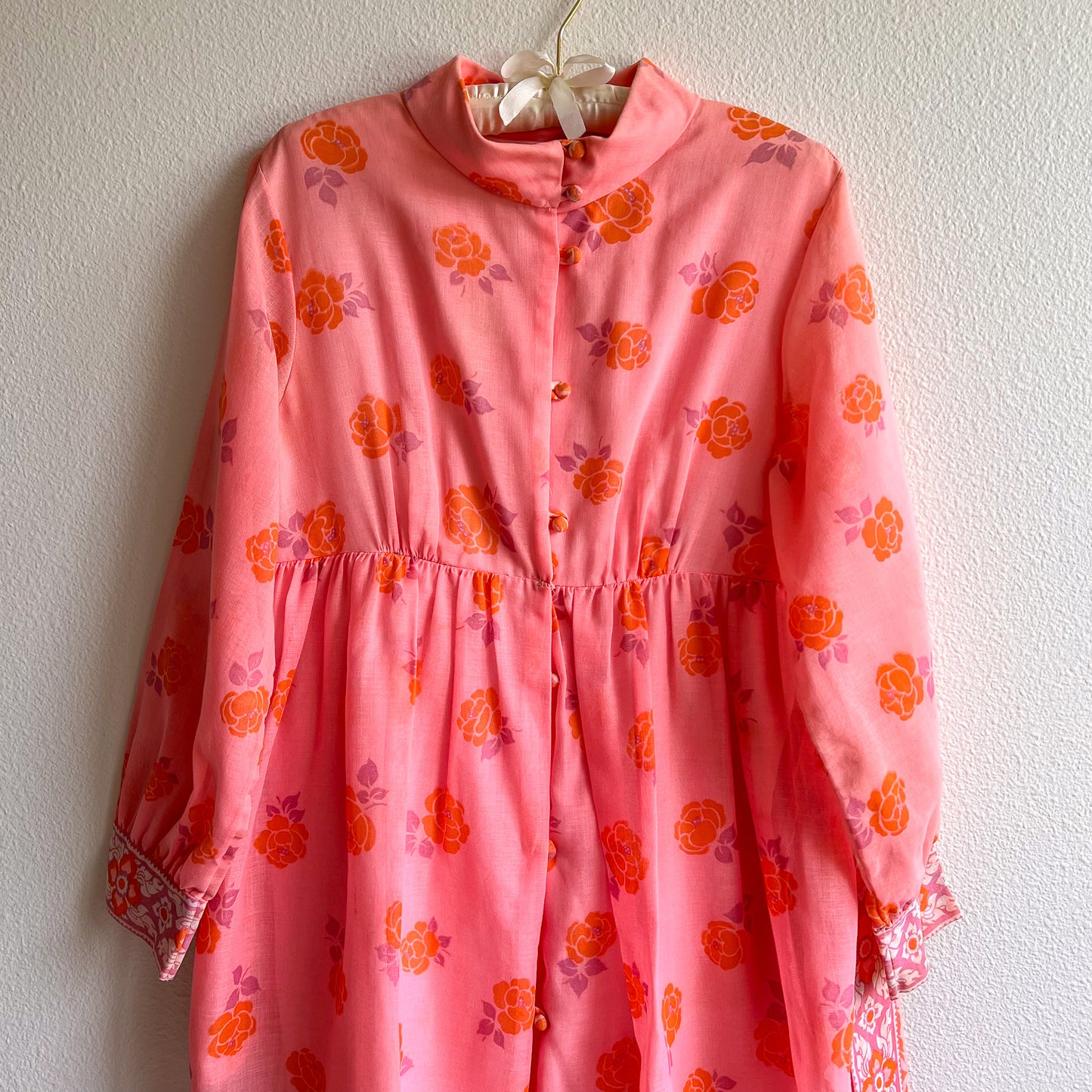 1970s Pink and Orange Bohemian Print Cotton Maxi Dress (M/L)