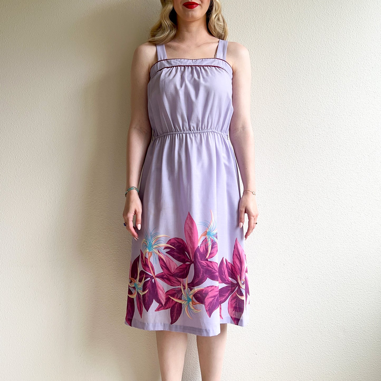 1970s Purple Floral Cotton Summer Dress (S/M)