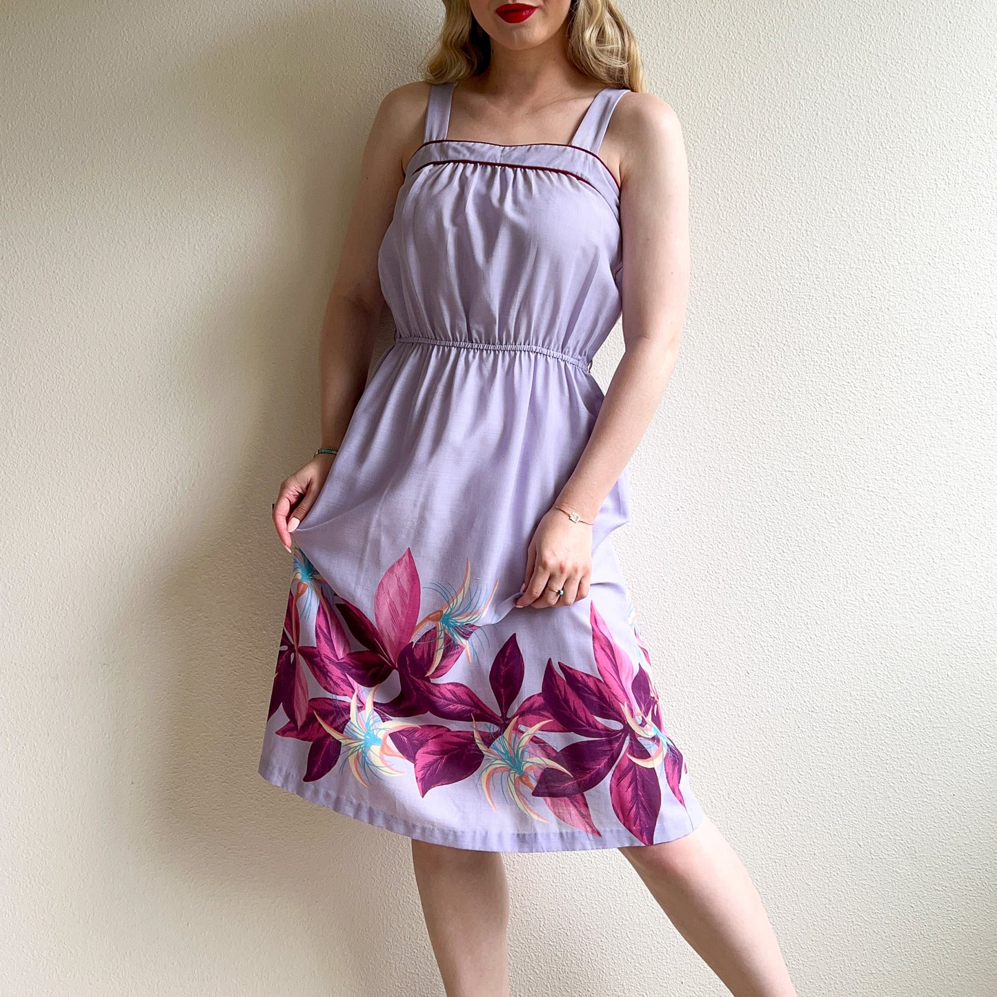 1970s Purple Floral Cotton Summer Dress (S/M)