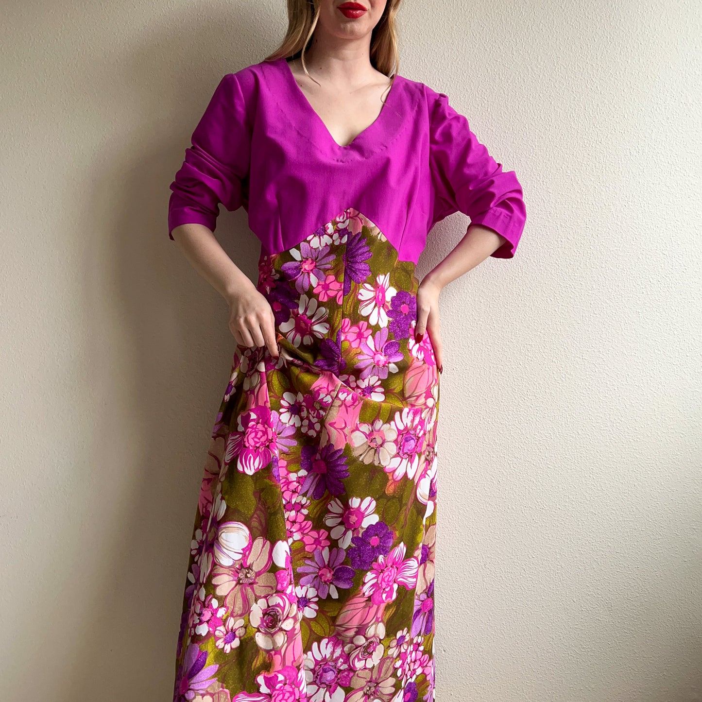 1970s Purple Maxi Dress With Floral Skirt (XL/2XL)