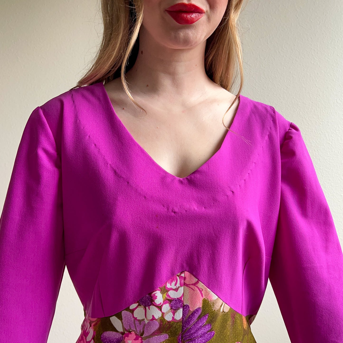 1970s Purple Maxi Dress With Floral Skirt (XL/2XL)