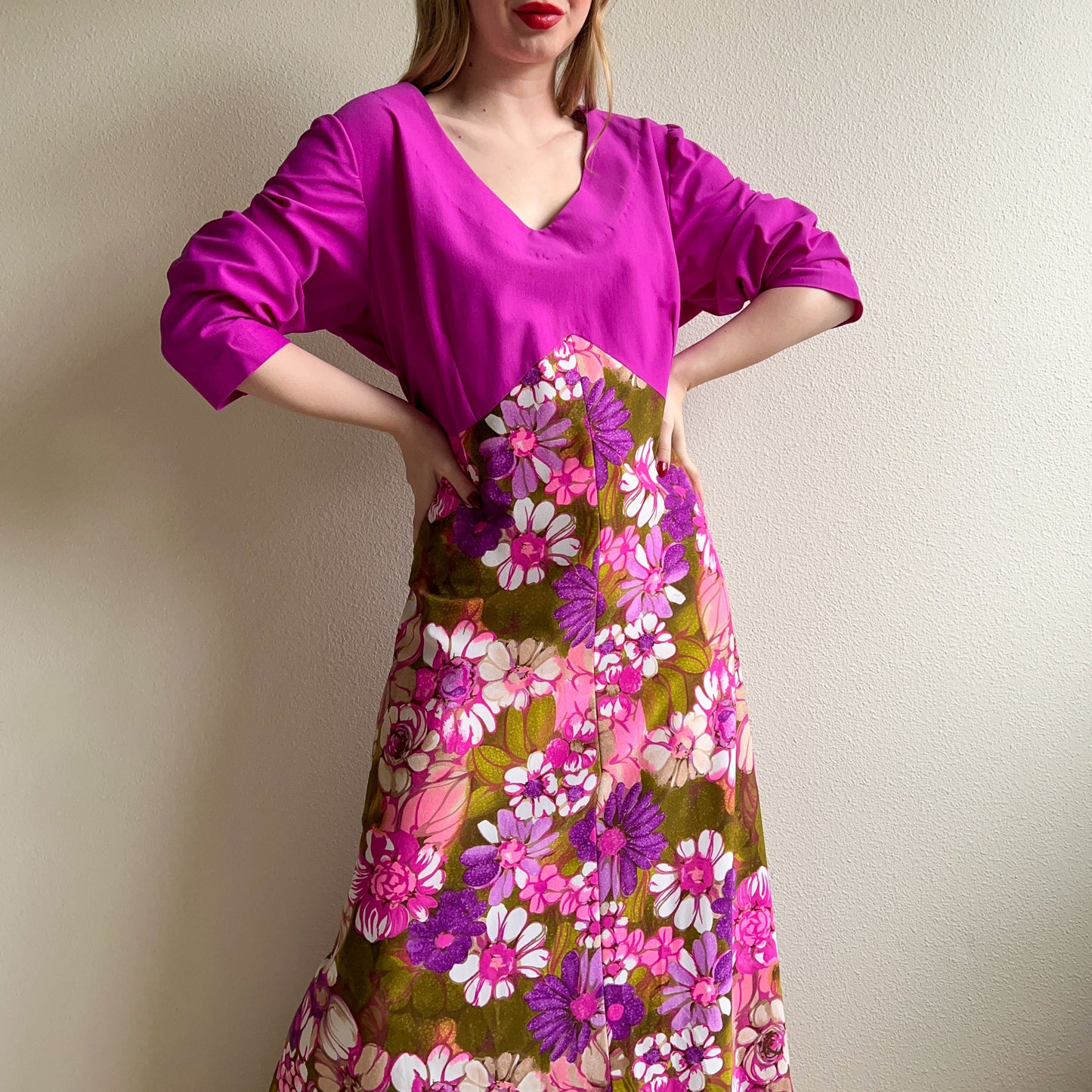 1970s Purple Maxi Dress With Floral Skirt (XL/2XL)
