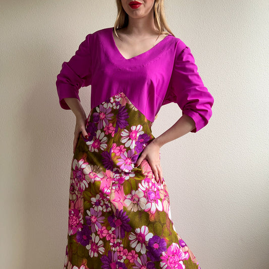 1970s Purple Maxi Dress With Floral Skirt (XL/2XL)