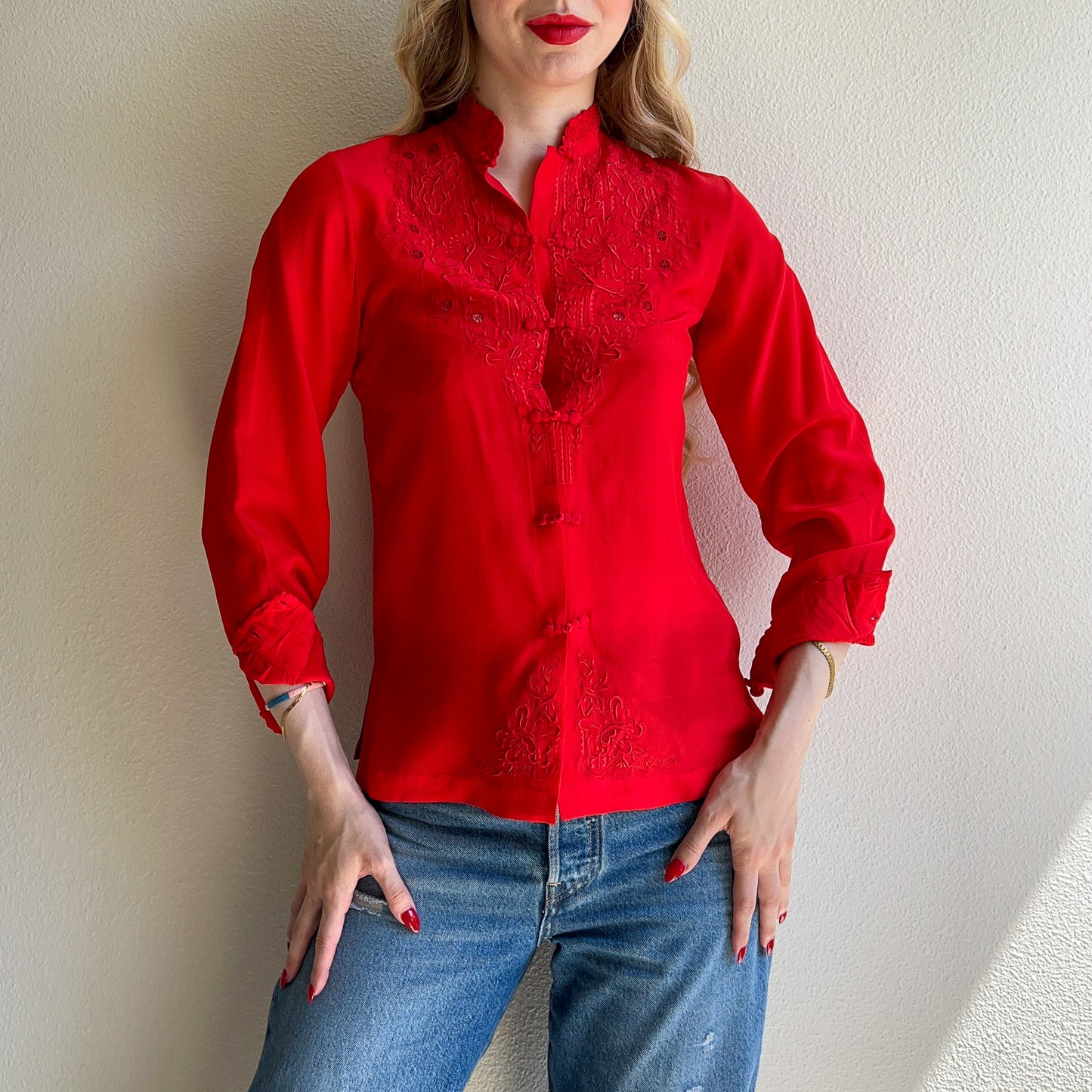 1970s Bright Red Chinese Silk Embroidered Blouse (XS)