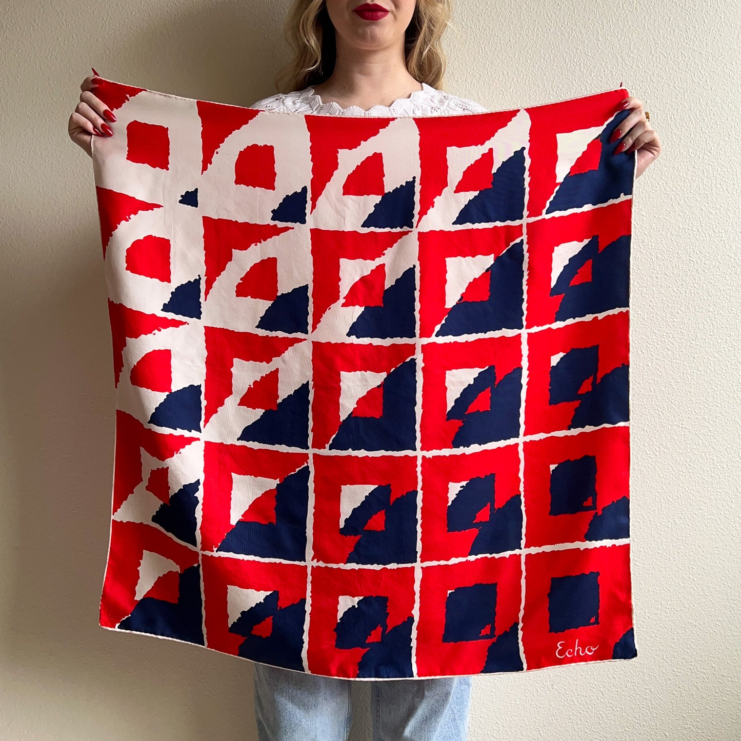 1970s Red, White, and Navy Silk Scarf from Echo