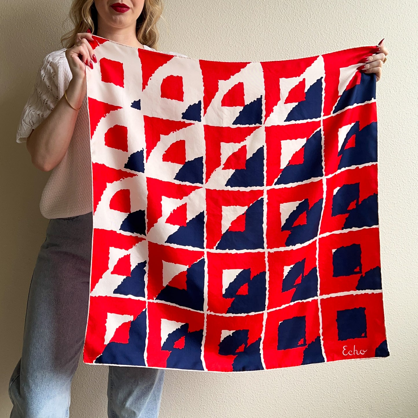 1970s Red, White, and Navy Silk Scarf from Echo