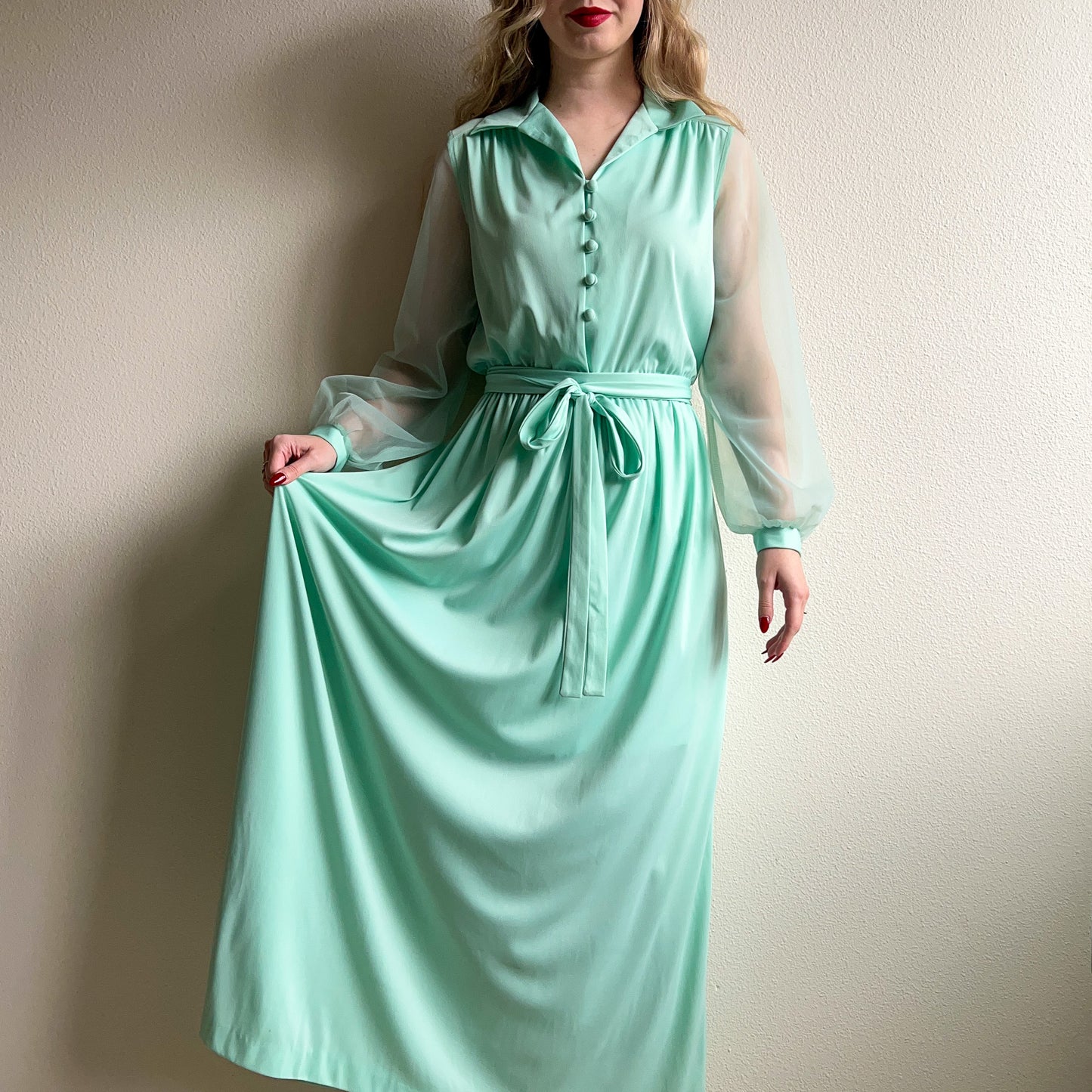 1970s Seafoam Buttoned Midi Dress (M/L)