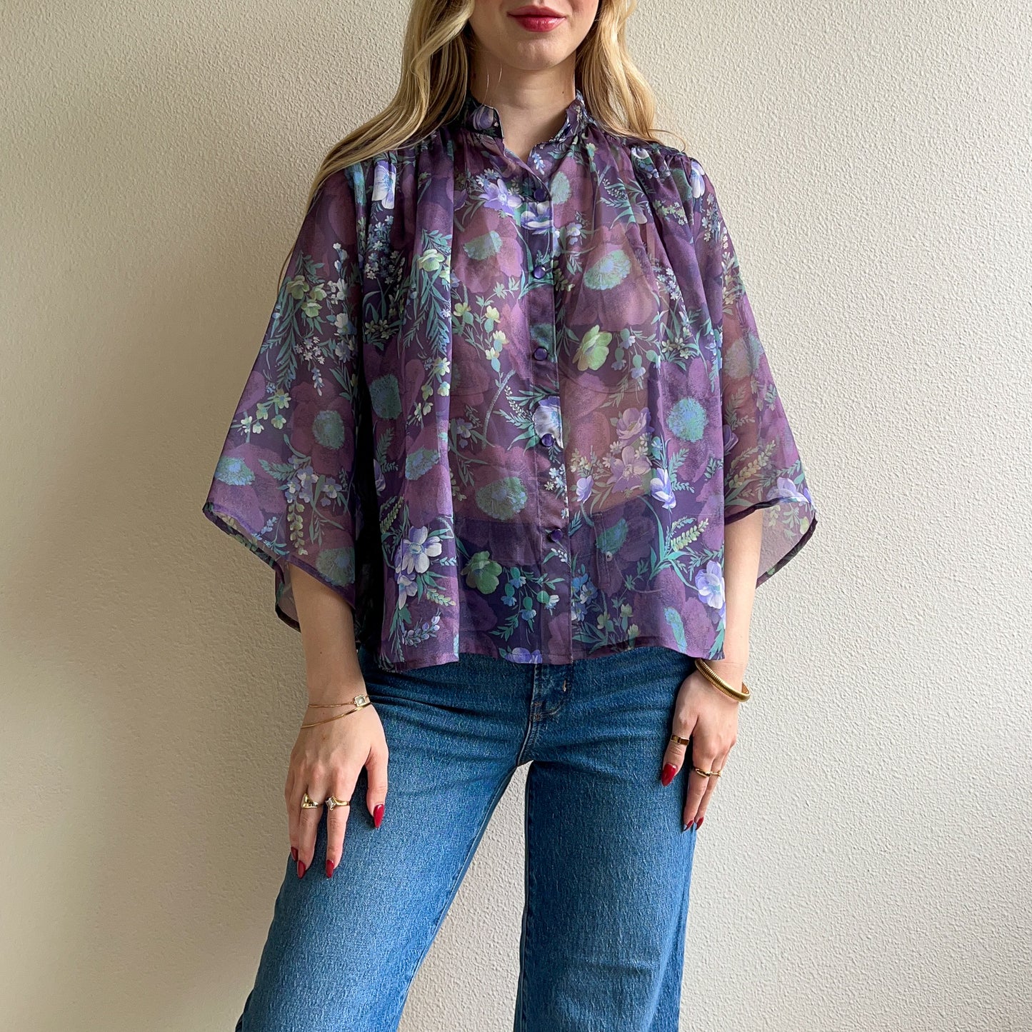Sheer 1970s Purple and Blue Floral Blouse (L/XL)