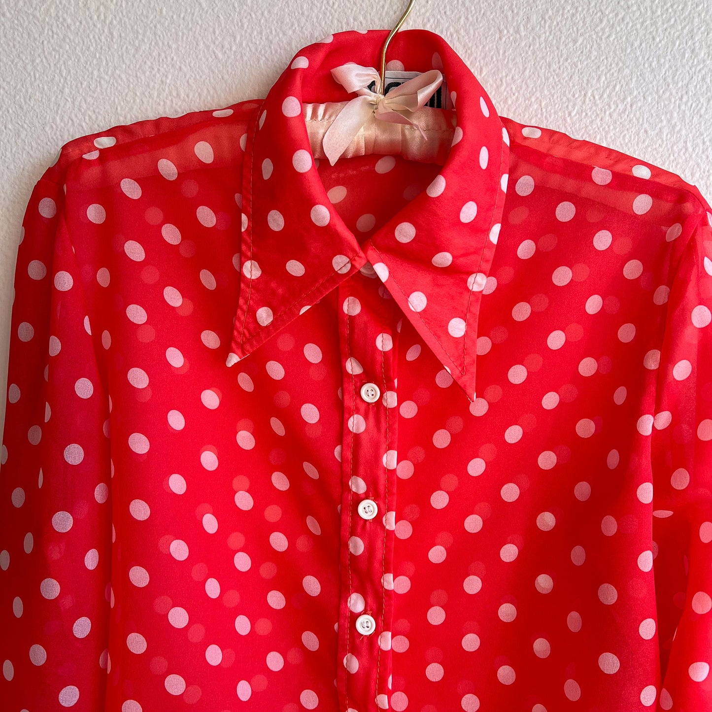 1970s Red Sheer Blouse With White Polka Dots (M/L)