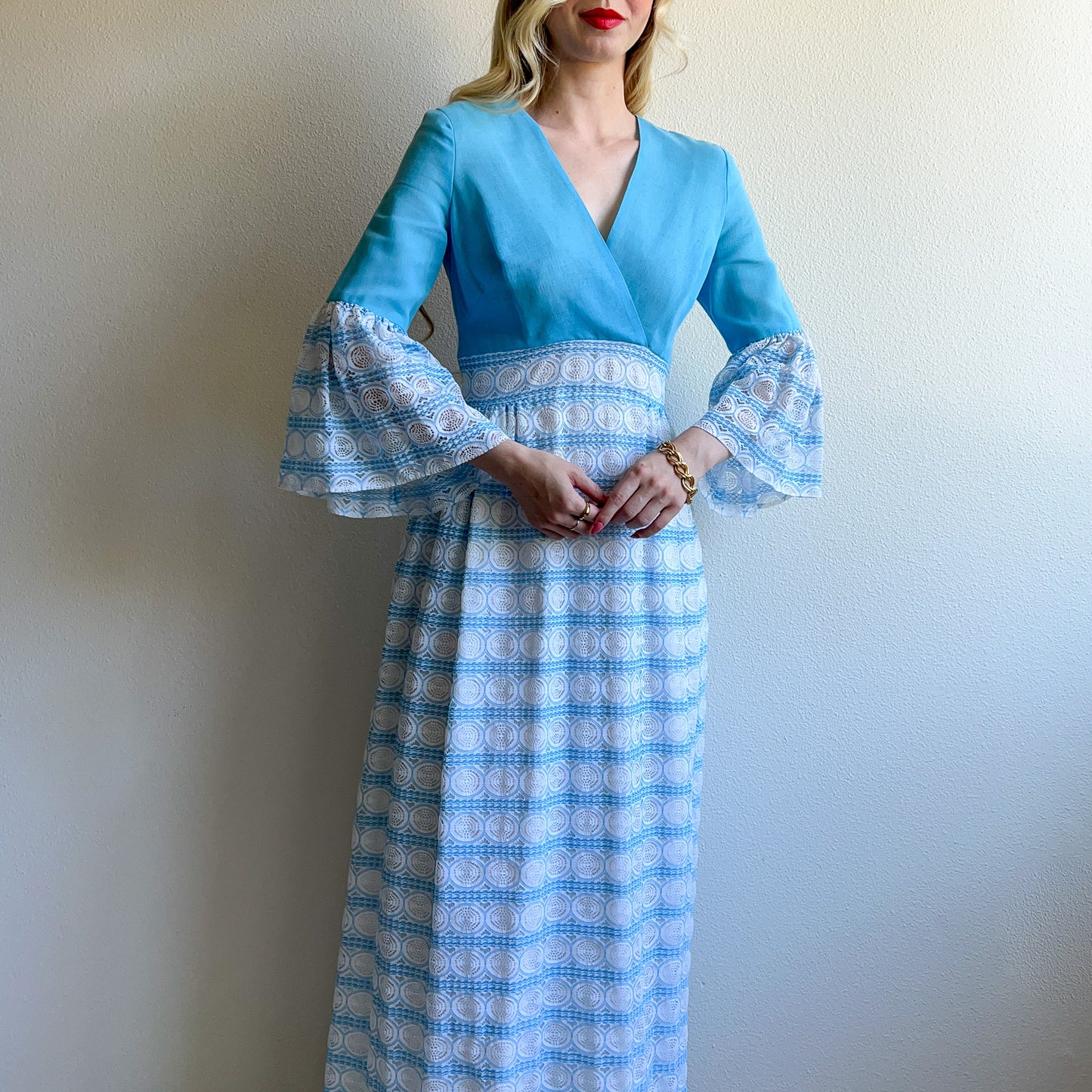 1970s Sky Blue Bell-Sleeved Maxi Dress (S)