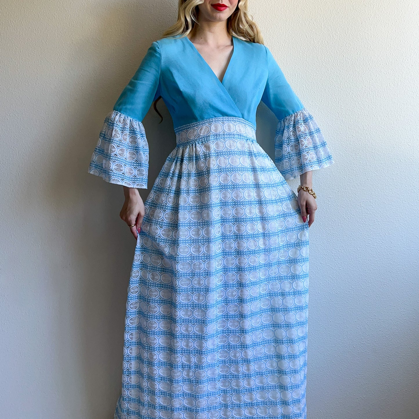 1970s Sky Blue Bell-Sleeved Maxi Dress (S)