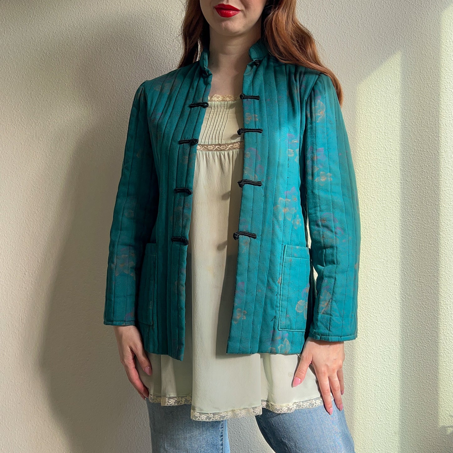 1970s Teal Quilted Jacket With Toggle Buttons (S/M)