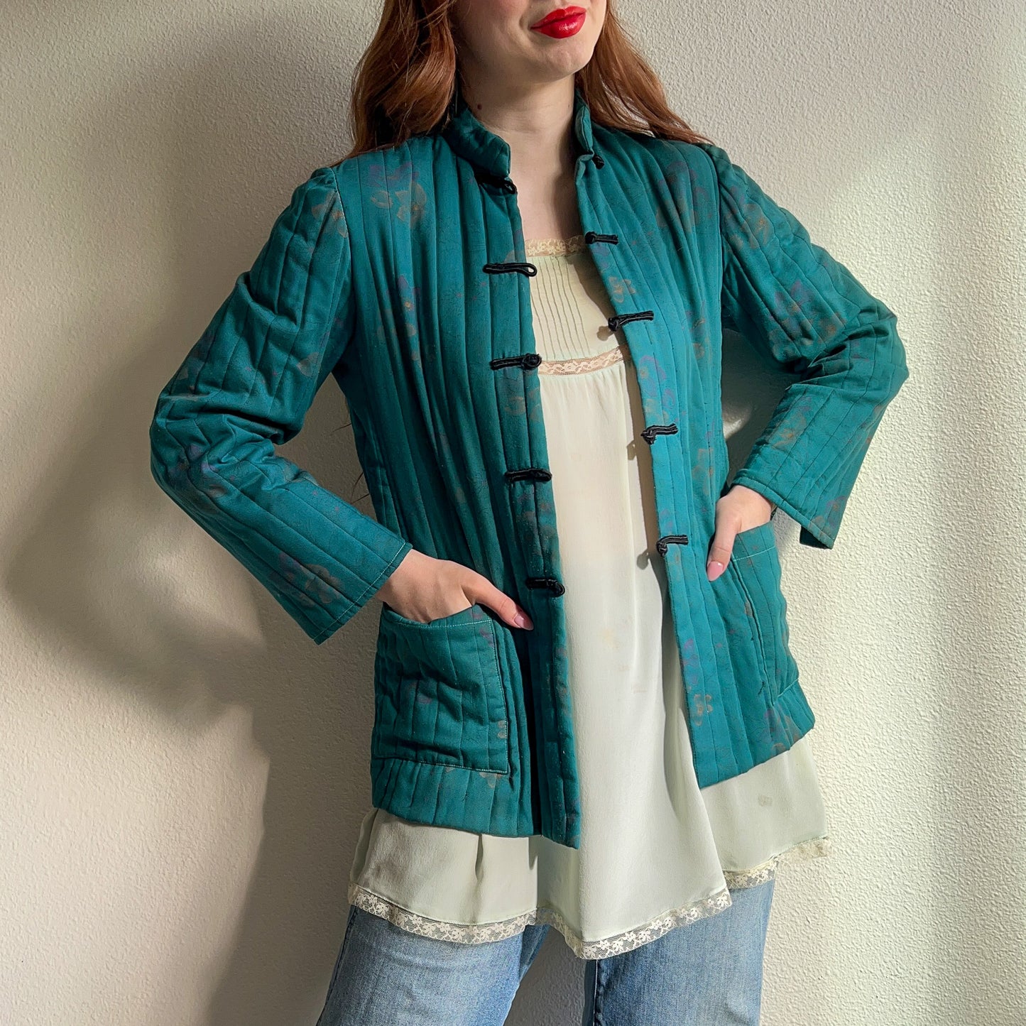 1970s Teal Quilted Jacket With Toggle Buttons (S/M)