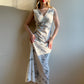 1970s White Maxi Dress With Gray Floral Print (L)