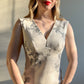 1970s White Maxi Dress With Gray Floral Print (L)