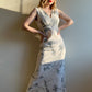 1970s White Maxi Dress With Gray Floral Print (L)