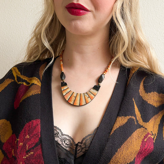 1970s Orange-Toned Wood Beaded Necklace
