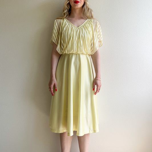 1970s Pale Yellow Fit-and-Flare Dress (S/M)