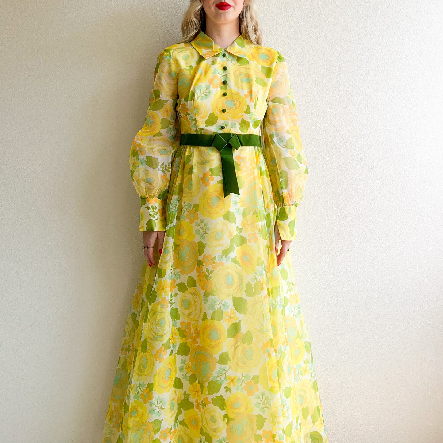 1970s Yellow and Green Floral Chiffon Gown (M)